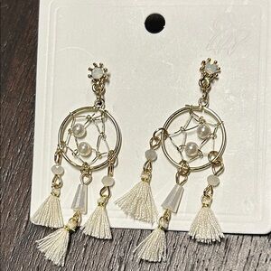 Gold Dreamcatcher Tassel Drop Earrings with White Beads